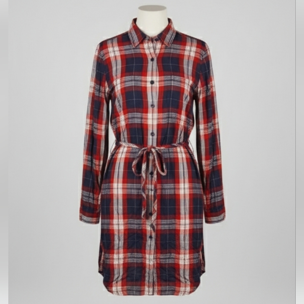 Banana Republic Plaid Flannel Shirt Dress With Fabric Belt 10